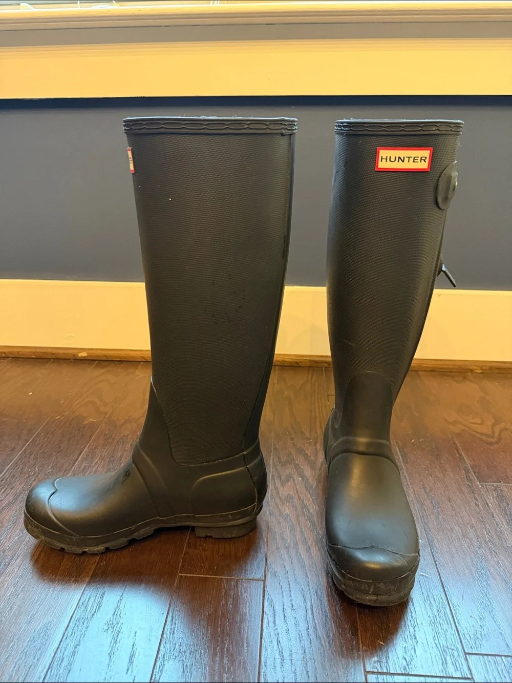 Hunter Black Tall Rubber Rain Boots with Red Logo Accent